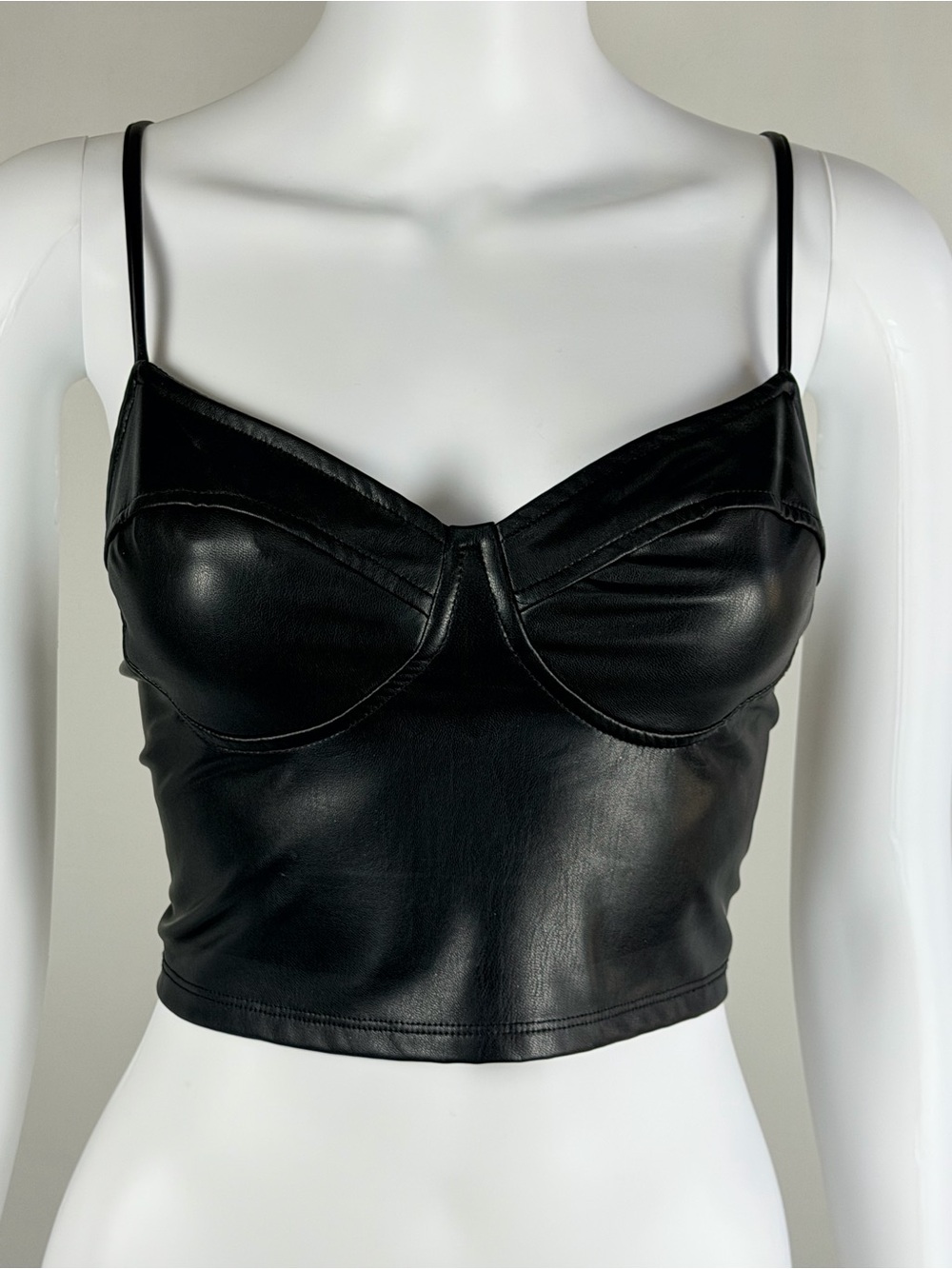 Iris Black Faux Leather Bustier Crop Top Underwire Strappy Y2K Goth M